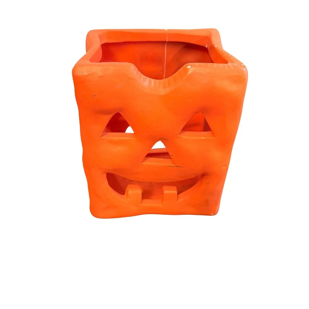 Vintage Orange Ceramic Square Jack O' Lantern Halloween Votive Candle Holder